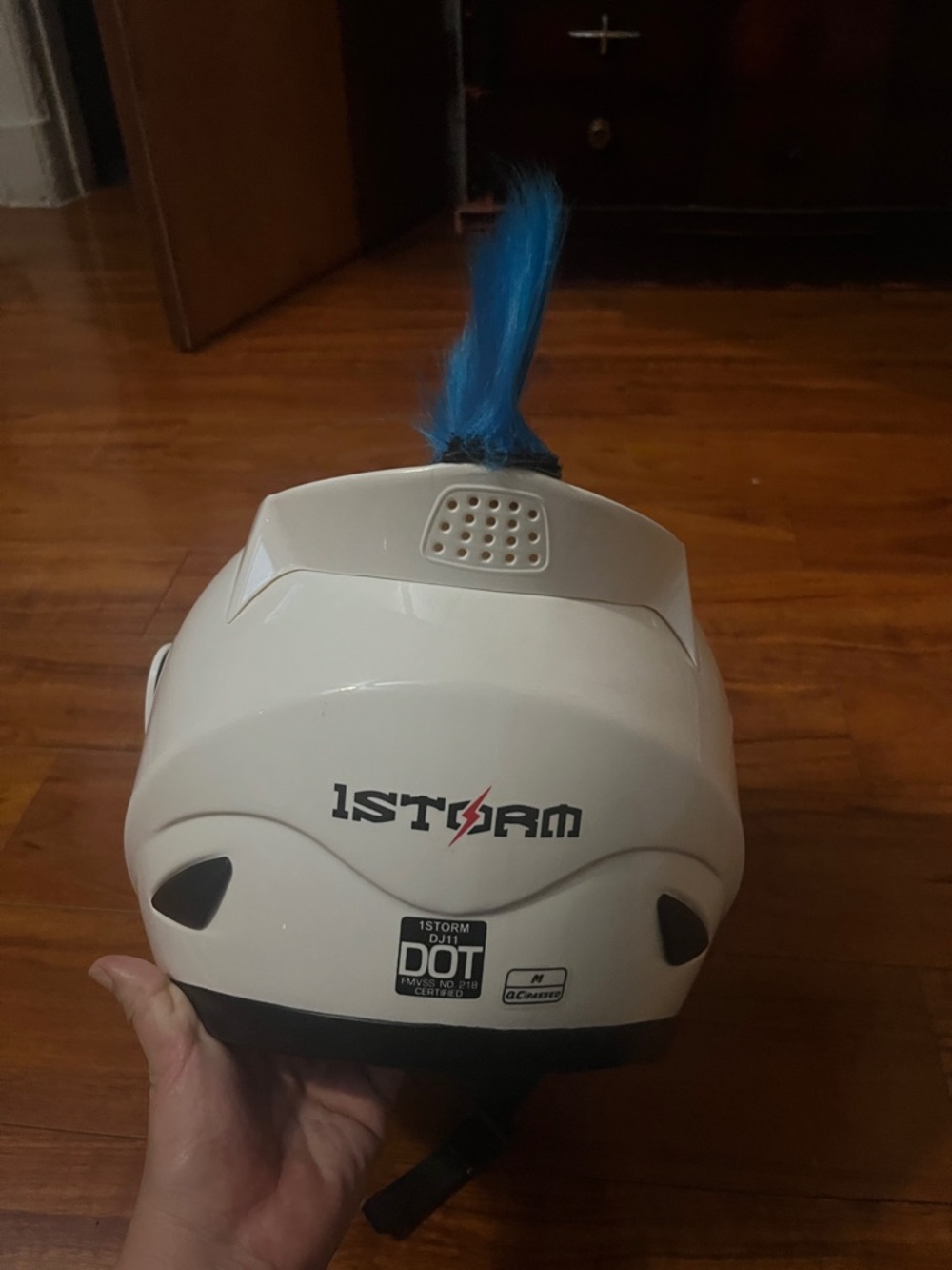 White Motorcycle Helmet w/ Blue Mohawk | 1Storm DOT | Costume / Cosplay - Picture 4 of 8